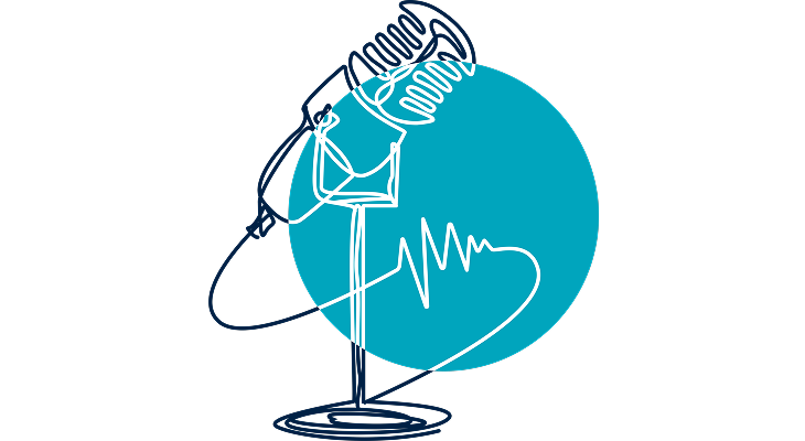 A line drawing of a microphone highlighted in a teal circle