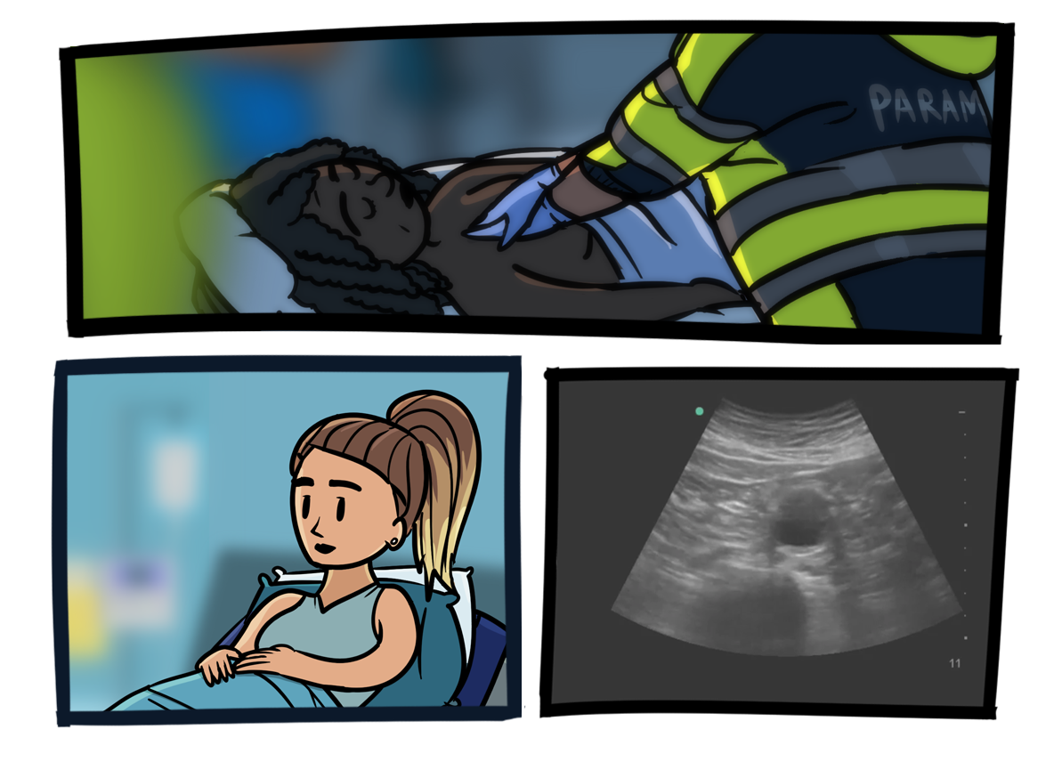 Comic illustration of an ultrasound machine used on a patient