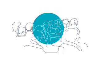 Line drawing a group sitting in chairs, back to image with teal blue circle highlighting the centre of the illustration